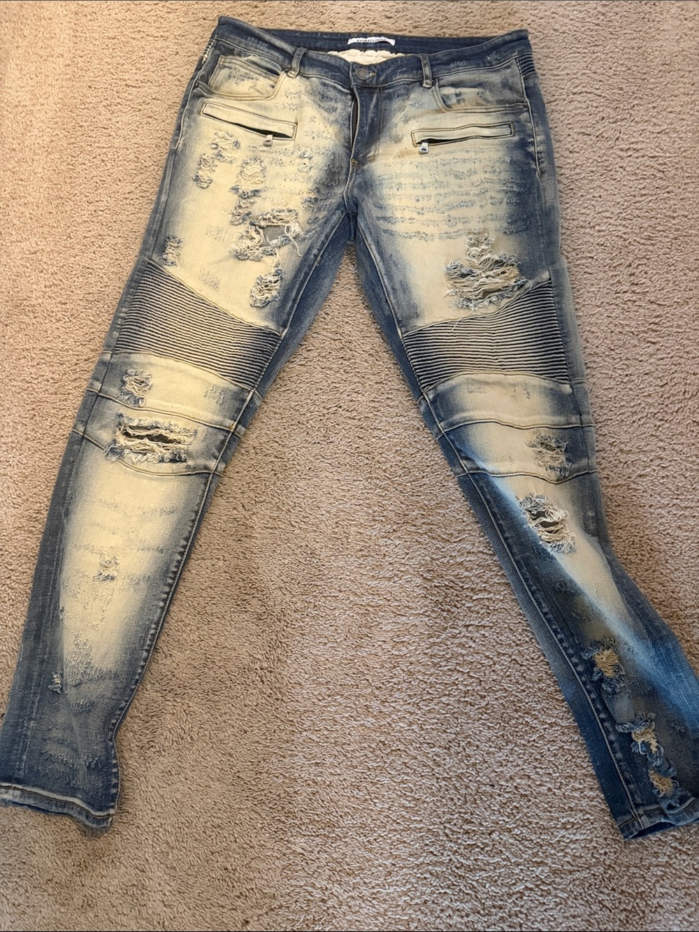 Men's Distressed Skinny Jeans in Light Blue with Biker Rib